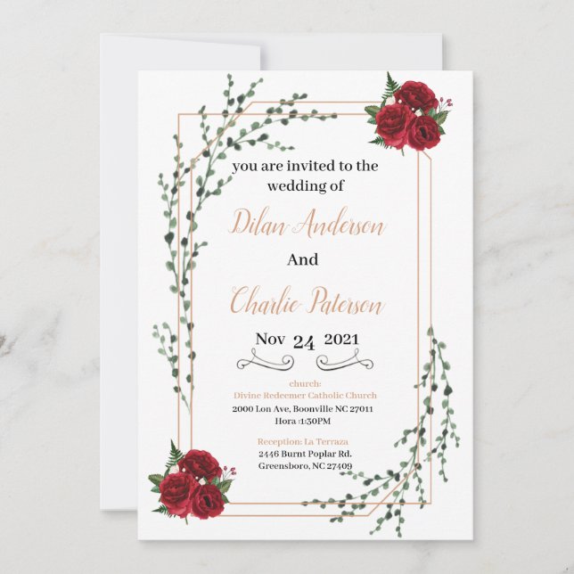 Wedding Invitation, red rose  Gold  (Anverso)