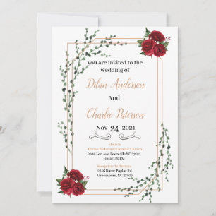 Wedding Invitation, red rose  Gold 