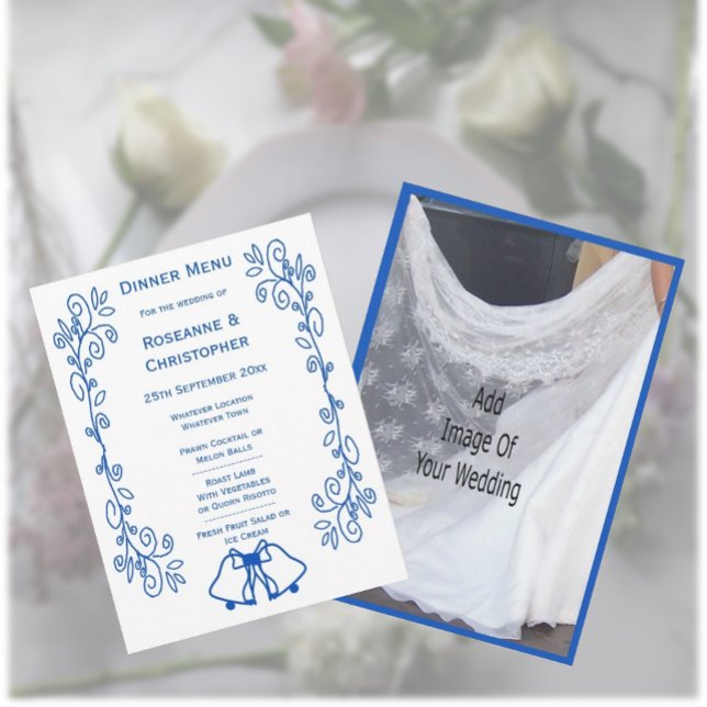 Wedding Menu Card Blue Sapphire Bells Scrollwork  (Subido por el creador)
