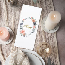 Wedding Menu Card with Soft Peach & Blue Flowers
