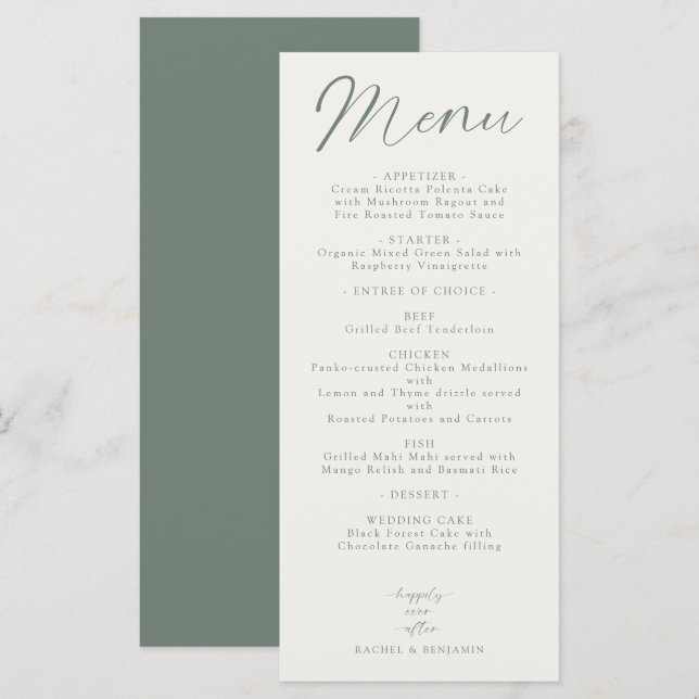 Wedding Reception Menu Elegant Script Sage Green (Anverso / Reverso)