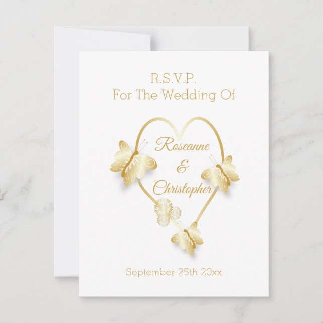 Wedding RSVP Card Gold Coloured Heart Butterfly (Anverso)