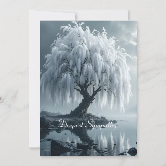 Weeping willow by a pond, black and white card (Anverso)