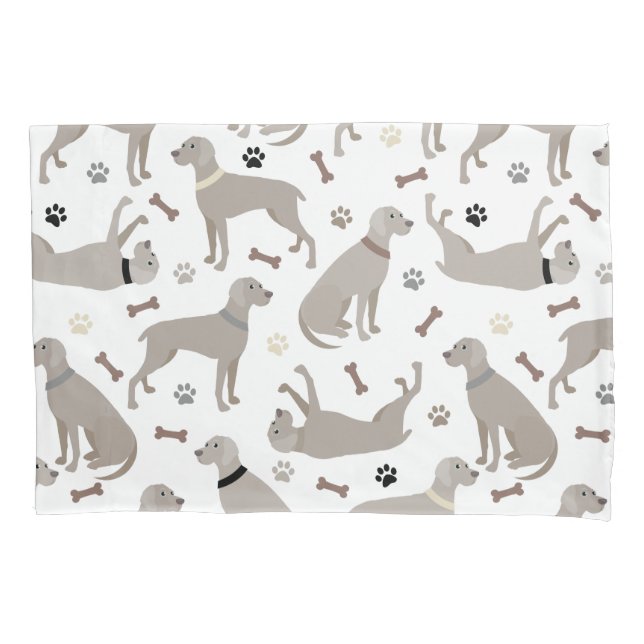 Weimaraner Bones y Paws Funda de almohada blanca (Anverso)
