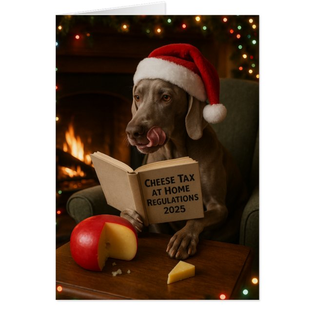 Weimaraner 'Cheese Tax' Christmas card (Frente)