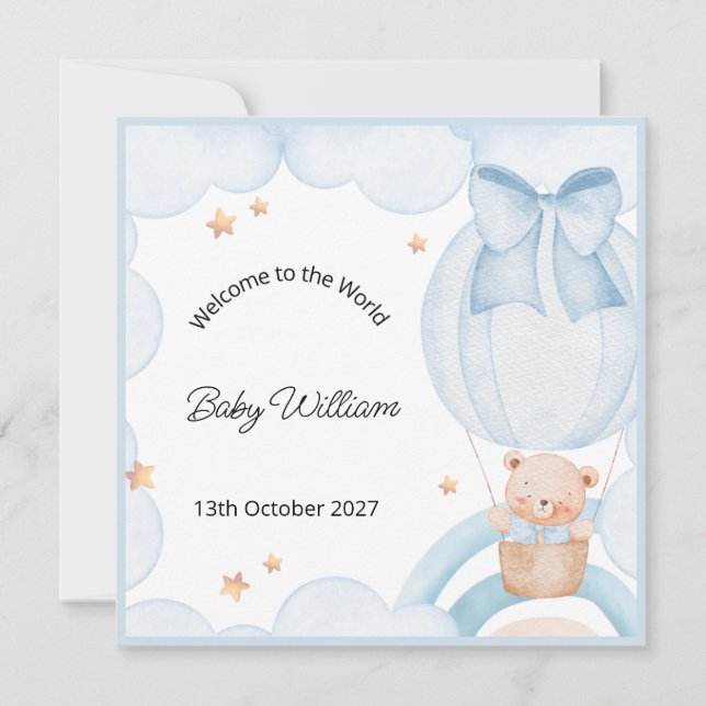 Welcome Baby Boy Balloon Teddy Bear Card (Anverso)