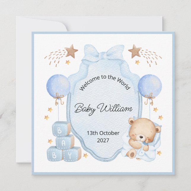 Welcome Baby Boy Blue Frame Teddy Bear Card (Anverso)