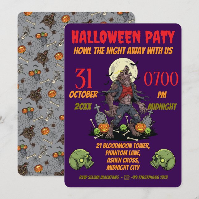🎃 Werewolf Halloween Invitar Tarjeta 🐺 (Anverso / Reverso)