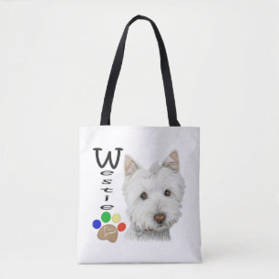 Westie persigue arte por todo la bolsa de asas de