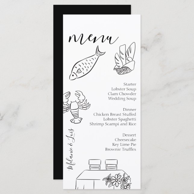 Whimiscal Doodle Black White Heart Wedding Menu  (Anverso / Reverso)
