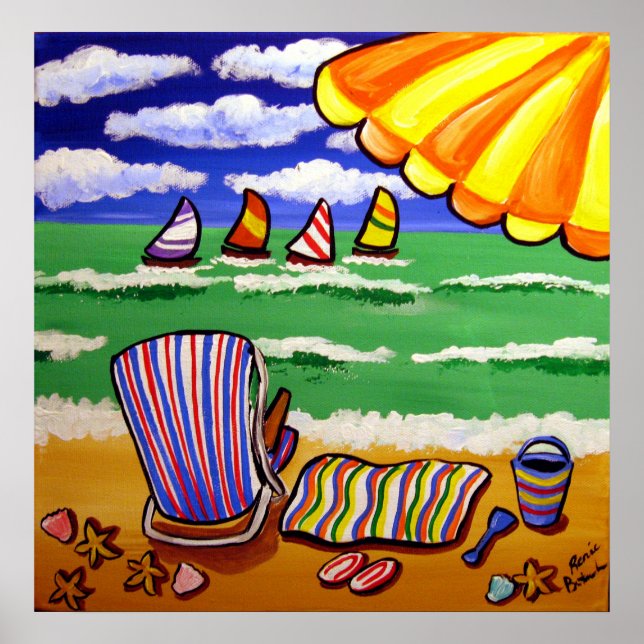 Whimsical Beach Umbrella Chair Poster de Arte Popu (Frente)