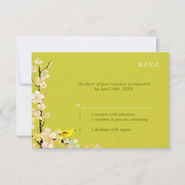 Whimsical Bird Apple Green Wedding RSVP (Anverso)