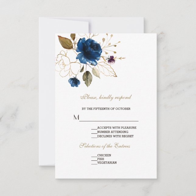 Whimsical Blue Gold Floral Wedding RSVP (Anverso)