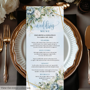 Whimsical Blue Peonies Gold Frame Menú de cena