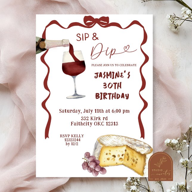 Whimsical Bow Wine Sip y Dip Invitación de cumplea (Subido por el creador)