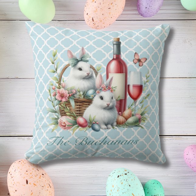 Whimsical Bunnies & Wine Easter Cojín decorativo (Bunnies and wine editable name pillow)