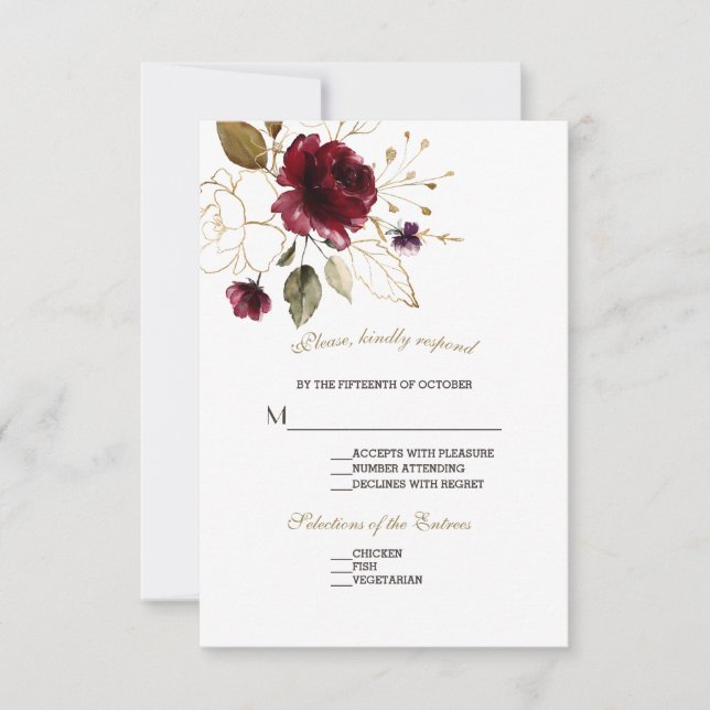 Whimsical Burgundy Gold Flowers Wedding RSVP (Anverso)