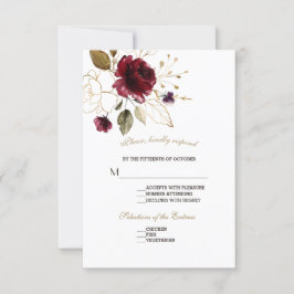Whimsical Burgundy Gold Flowers Wedding RSVP