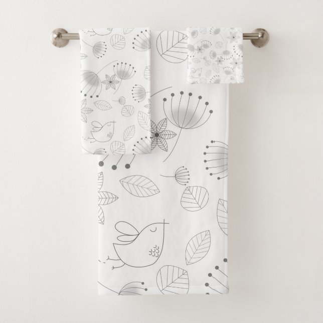 Whimsical Cute Floral and Bird Pattern on White (In situ)