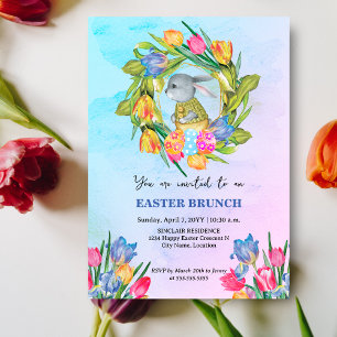 Whimsical Easter Bunny Eggs Tulips Invitación
