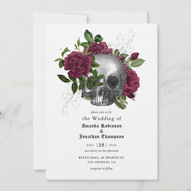 Whimsical Floral Skull Invitación a la Boda Gótica (Anverso)