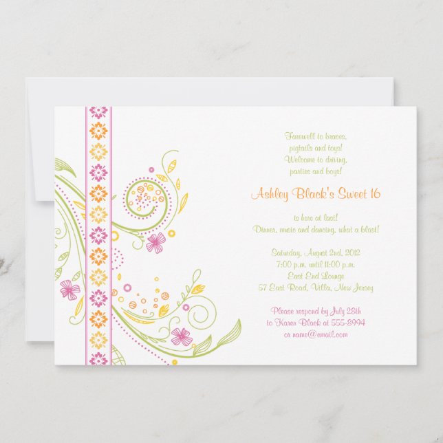 Whimsical Floral Sweet 16 Invitación de cumpleaños (Anverso)
