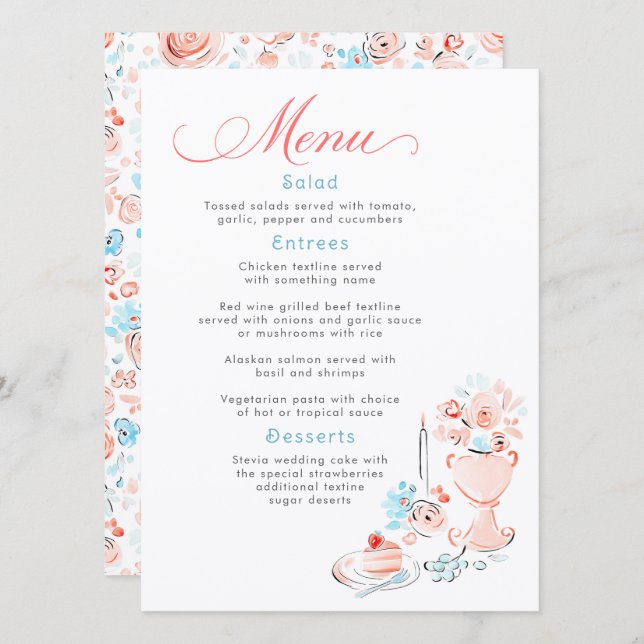 Whimsical Funky Hand Drawn Dusty Blue Wedding Menu (Anverso / Reverso)
