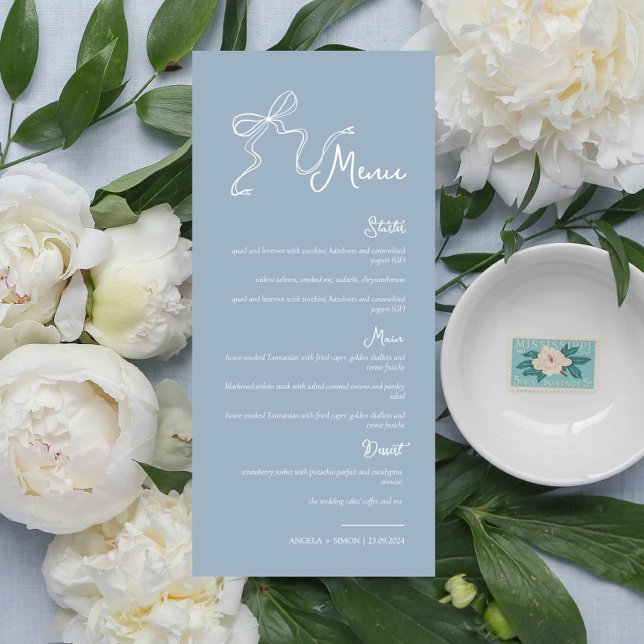 Whimsical Hand draw Bow Dusty Blue Boda Menu (Subido por el creador)