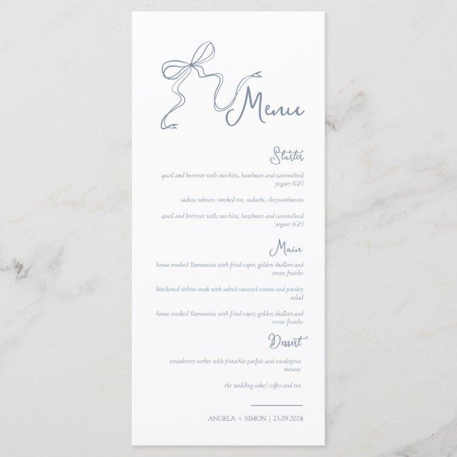 Whimsical Hand draw Bow Dusty Blue Boda Menu (Anverso)
