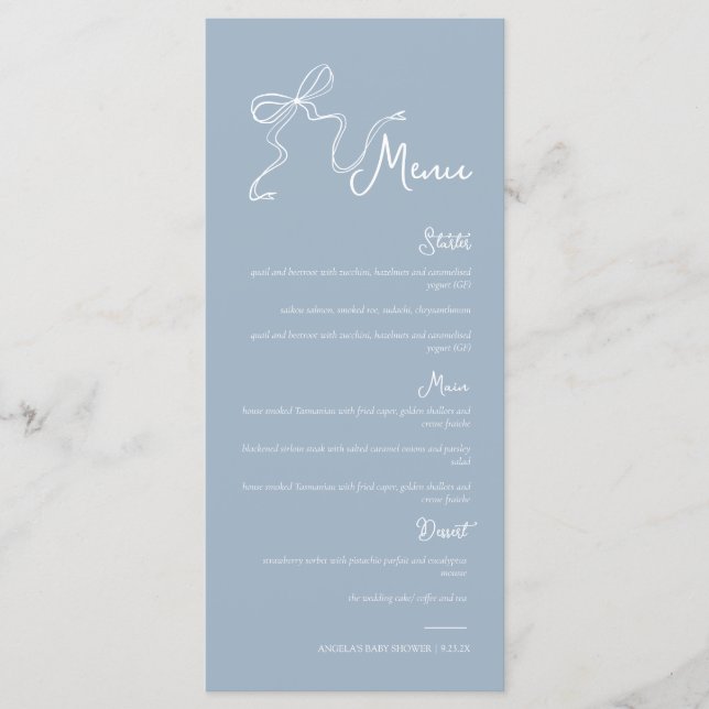 Whimsical Hand draw Bow Dusty Blue Boda Menu