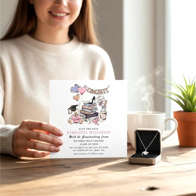 Whimsical hand drawn Graduation Save the Date Card (Subido por el creador)