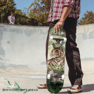 Whimsical Jungle Tiger Tropical Leaks Skateboard
