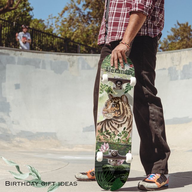 Whimsical Jungle Tiger Tropical Leaks Skateboard (Jungle Tiger and Water Lilies Personalized Mouse Pad)