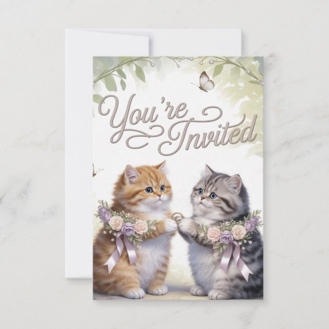 Whimsical Kitten Wedding Invitation  (Anverso)