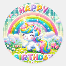 Whimsical lindo pegatina de cumpleaños del arco ir