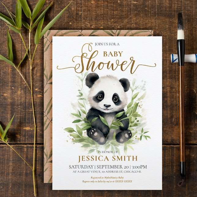 Whimsical Panda Baby Shower Invitación (Whimsical Baby Panda Invitation: Cute bear + bamboo leaves = Pure adorableness! )