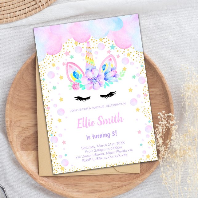 Whimsical Pastel Fantasy Tarjeta Fiesta para Chica (Purple Pink cloud Unicorn Invitations)