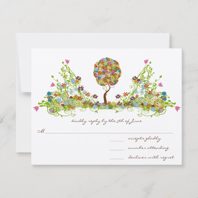 Whimsical Patchwoork Flower Tree Wedding RSVP (Anverso)