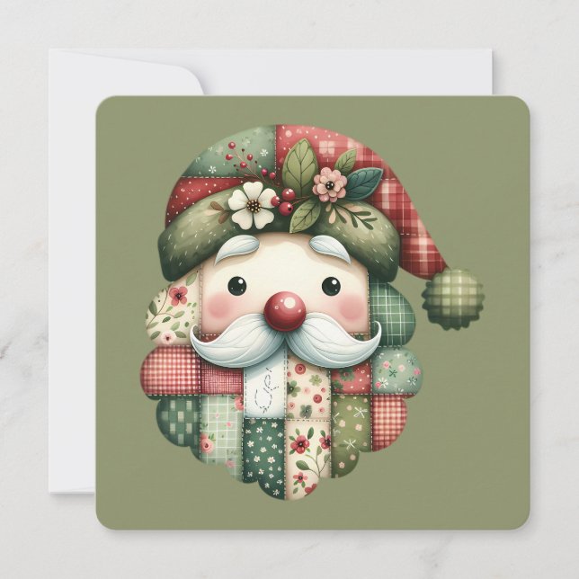 Whimsical Patchwork Santa Folk Christmas Flat Card (Anverso)