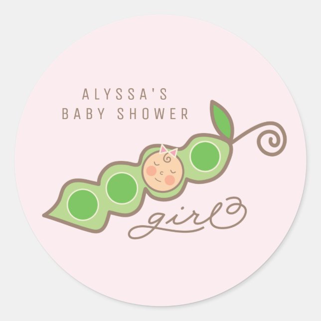 Whimsical Pea en un Pegatina Baby Shower Chica de  (Anverso)