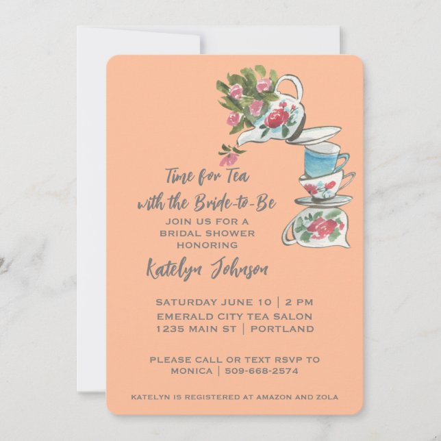 Whimsical Peach Bridal Shower Tea Party Invitación (Anverso)