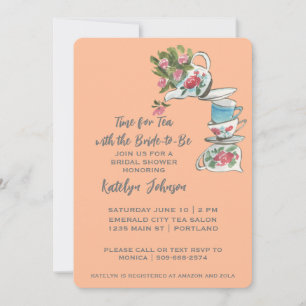 Whimsical Peach Bridal Shower Tea Party Invitación