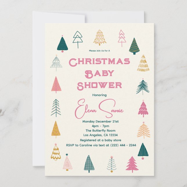 Whimsical Pink & Green Christmas Tree Baby Shower (Anverso)