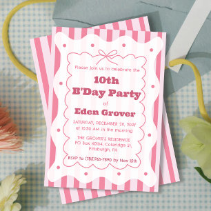 Whimsical Pink Stripes Birday Invitación