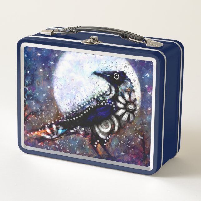Whimsical Raven Moon Floral Azul Blanco Negro (Anverso)