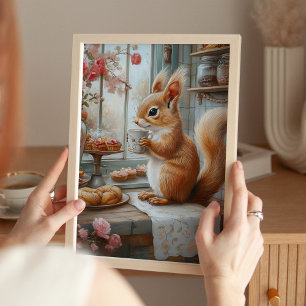 Whimsical Squirrel Bebiendo té Café Arte Imprimir