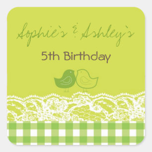 Whimsical Twin Birds Lace Birthday Party Pegatina