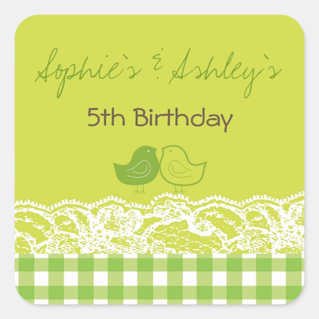 Whimsical Twin Birds Lace Birthday Party Pegatina (Anverso)