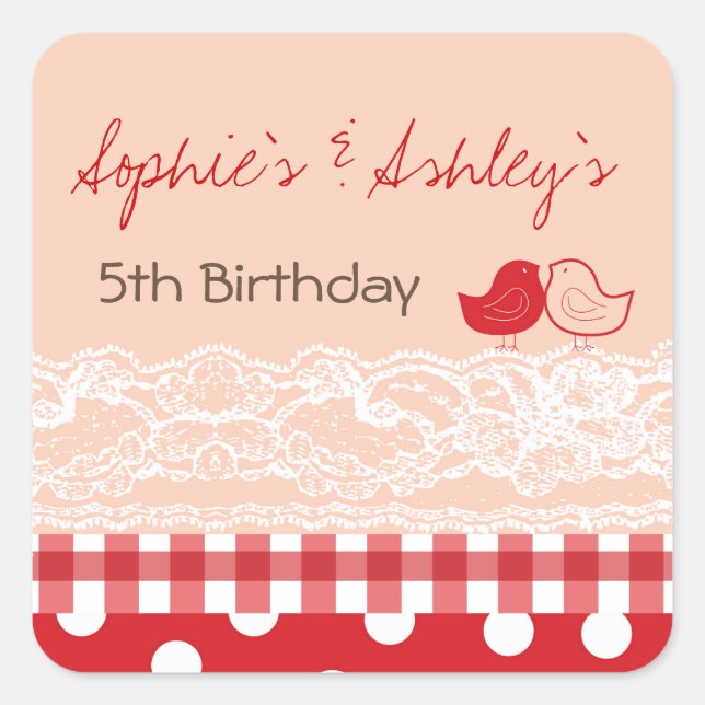 Whimsical Twin Birds Lace Birthday Party Pegatina (Anverso)
