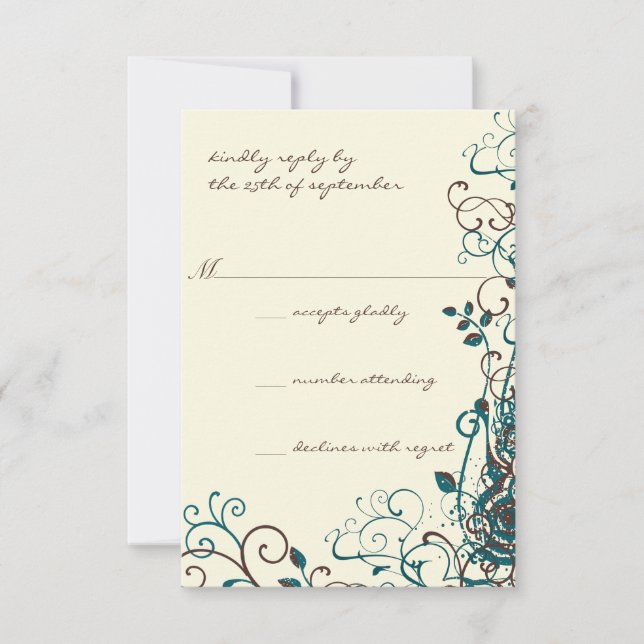 Whimsical Verde azulado y Brown Swirl Wedding RSVP (Anverso)